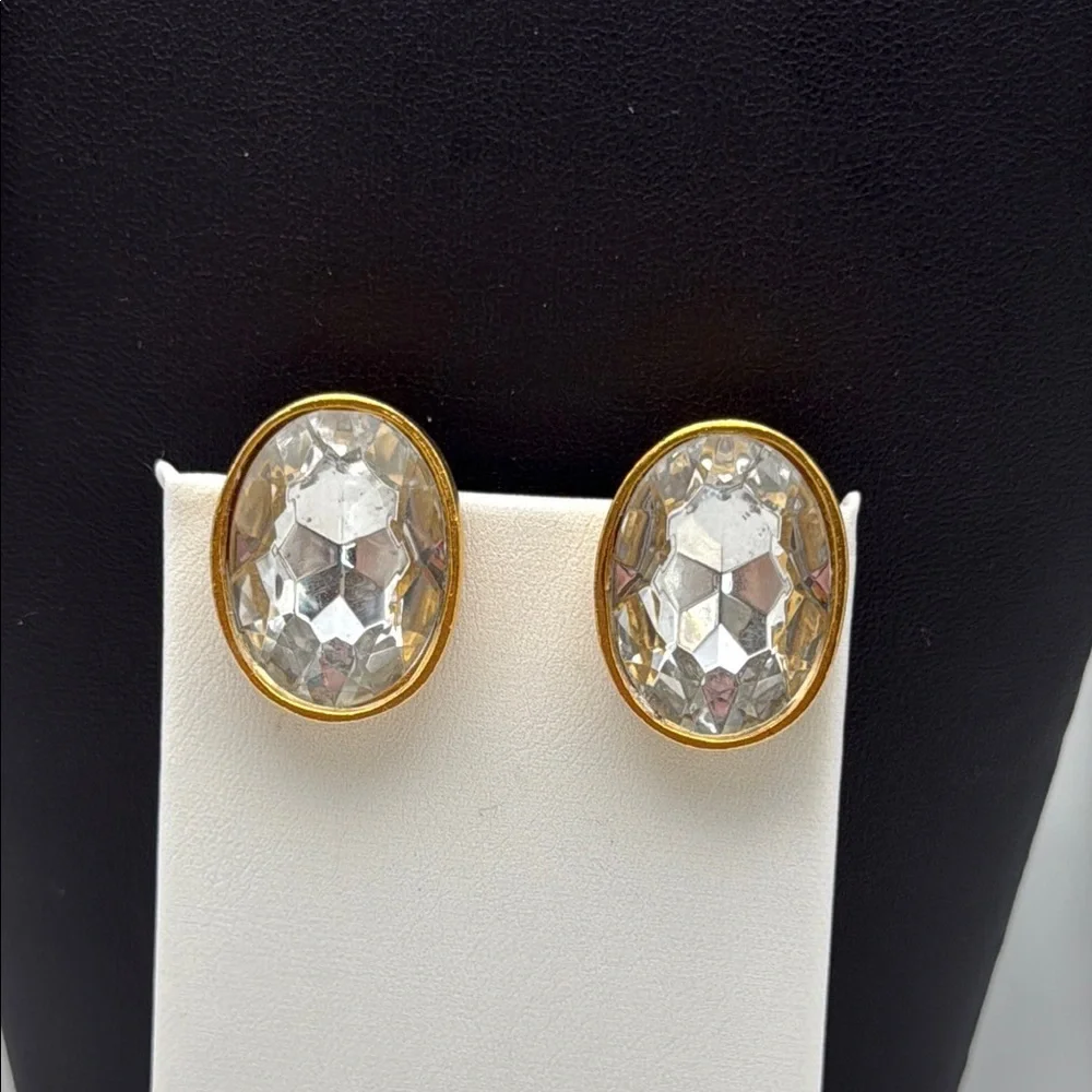 Vintage Ellen Deisgn clear faceted headlight 80s oval statement clip earrings